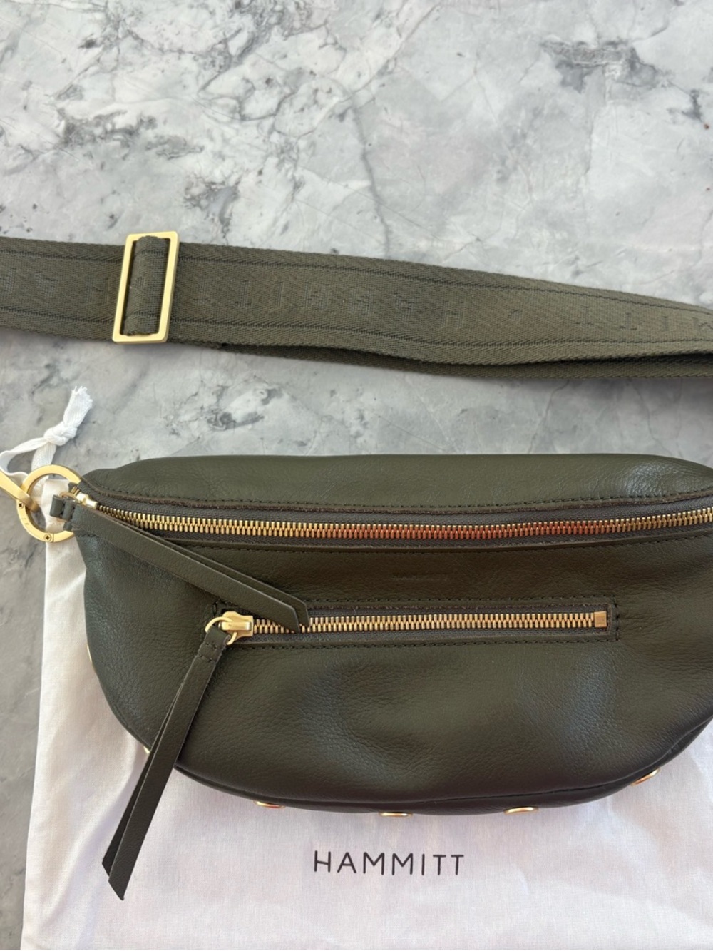 Hammitt Olive Green Leather Crossbody Belt Bag with Gold Hardware